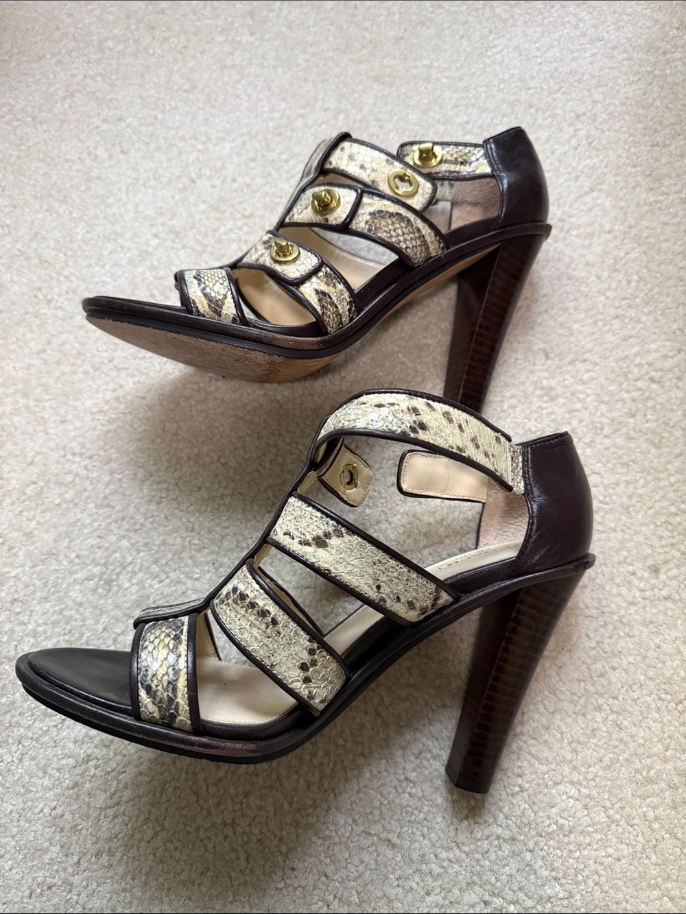Coach Brown Leather and Cream Snake-Print High Heel Sandals